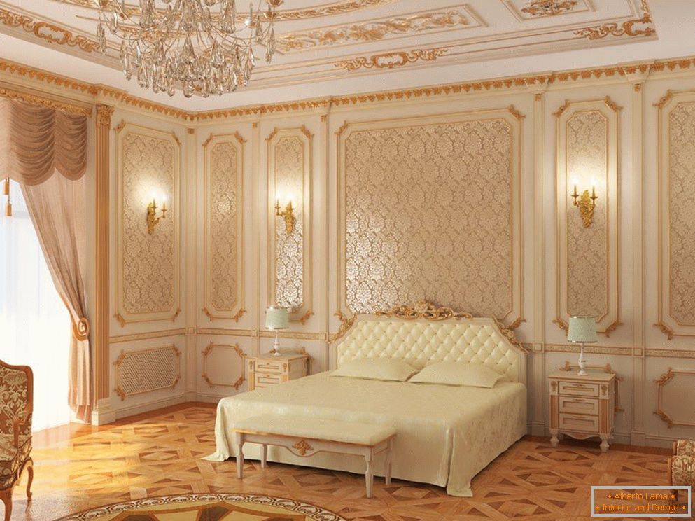 Bijeli zidovi sa stropom i spavaćom sobom sa zlatnim uzorcima