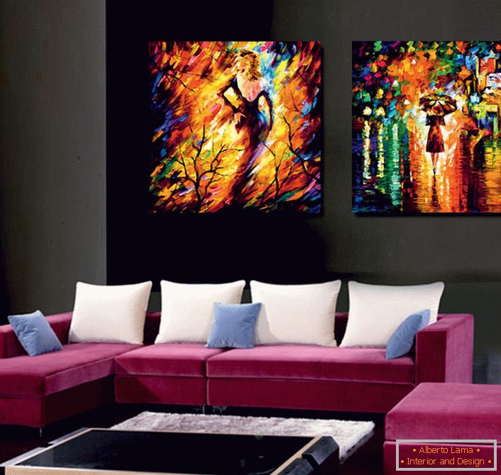 Modularne slike imitiraju slikanje uljem. Svijetle, sočne boje razrjeđuju dizajn sobe, čine ga neobičnim i ekskluzivnim. 