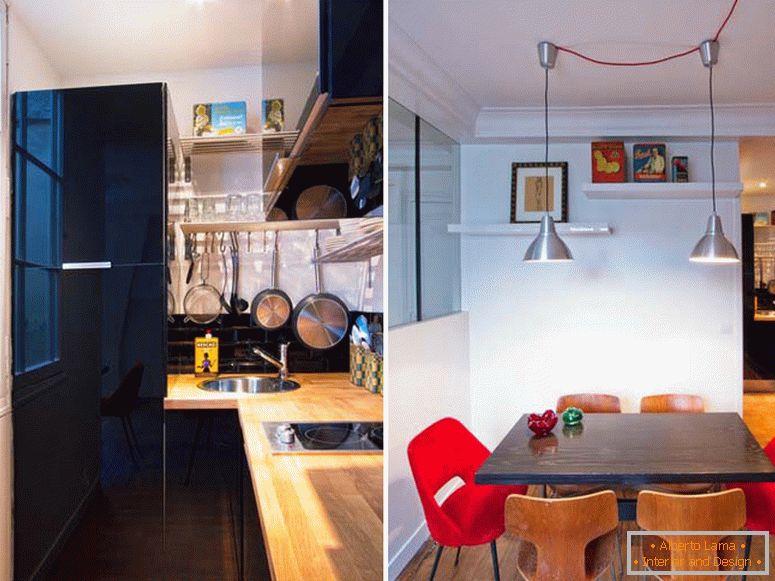 Kuhinja i blagovaonica malog studio apartmana u Parizu