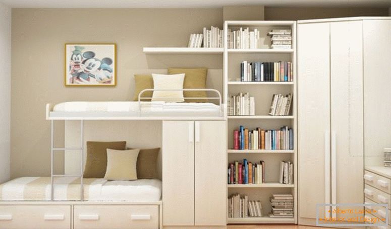 bijelo-drvene-kat-krevet-sa-skladištenje-također-ladica-kombi-s-knjige policama-and-kutak-ormar-on-the-kutu-of-kremom-zid-sobni
