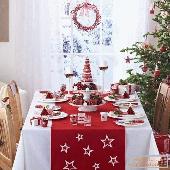 Dekoracija novogodišnjeg stola s vlastitim rukama u crvenoj i bijeloj boji