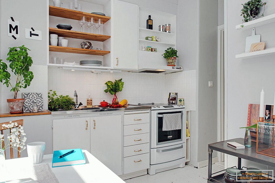 Unutrašnjost male kuhinje u bijeloj boji