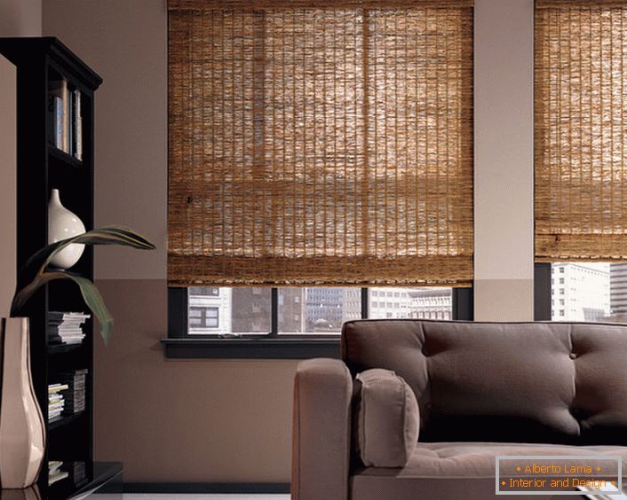 Podizanje zavjesa od bambusa - nestandardna inačica interijera modernog prostranog dnevnog boravka ili ureda.