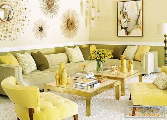Retro stil u dnevnoj sobi u žutoj i zelenoj boji