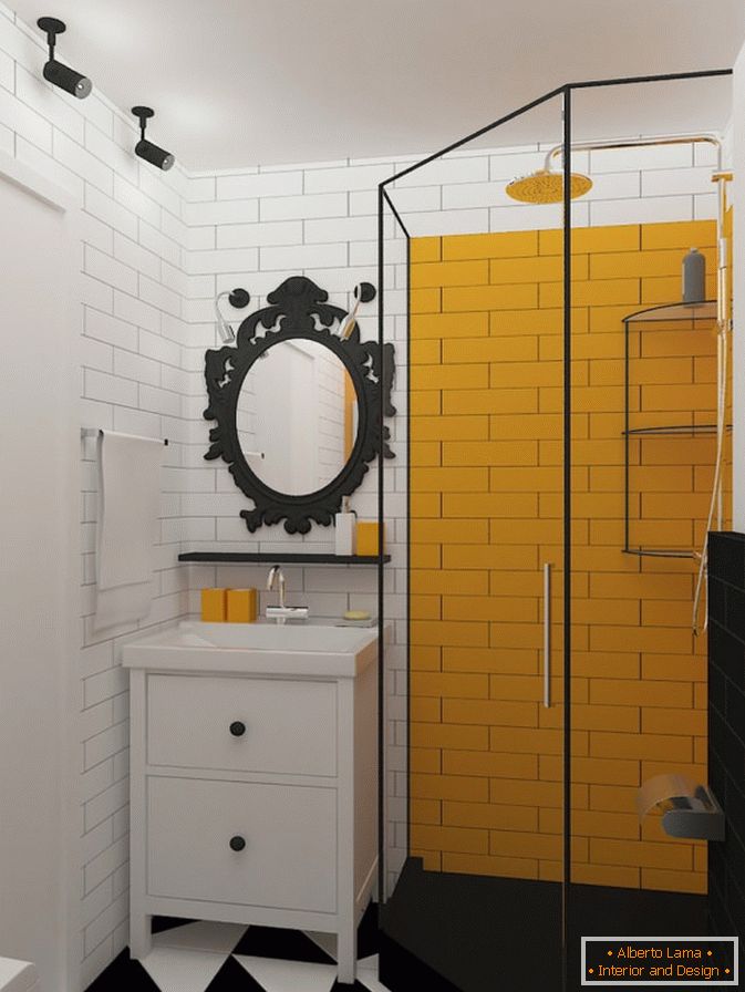 Žuti naglasci u crnoj i bijeloj kupaonici