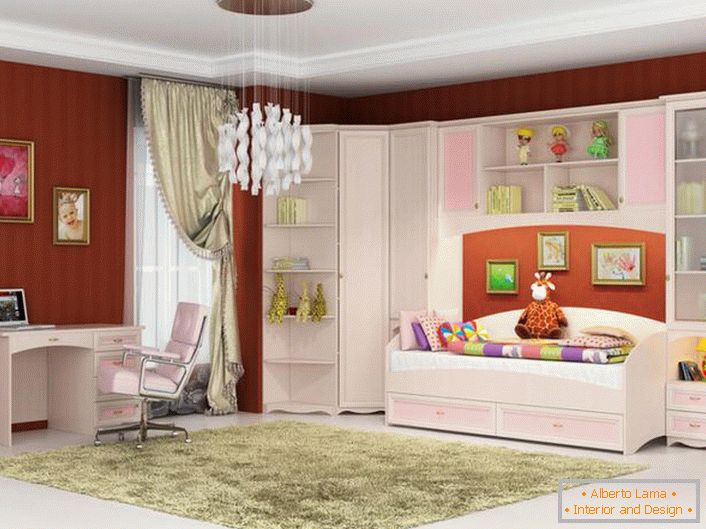Moderna soba za mladu fashionista. Modularni namještaj za djecu izrađen je u ružičastoj i bijeloj boji - što vam je potrebno za djevojku.