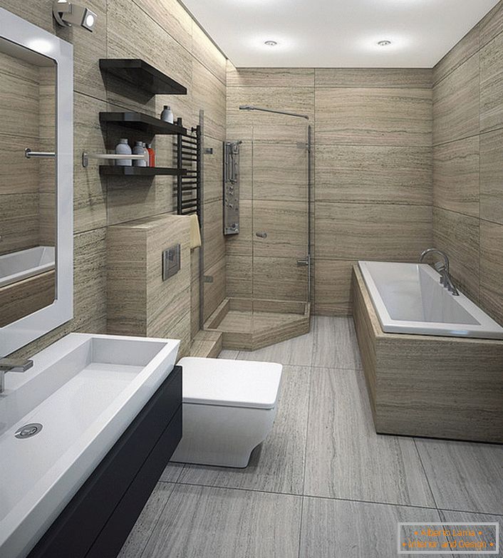 Prostrana minimalistička kupaonica pogodna je za ljubitelje tuširanja i za one koji vole kupanje.