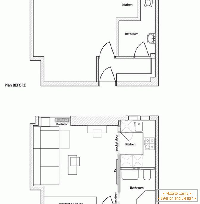 Plan malog stana prije i poslije popravka