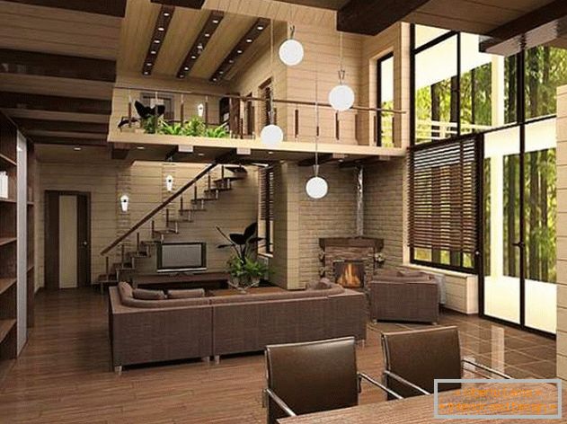 Dizajn interijera drvene ladanjske kuće iz bara - fotografija iznutra