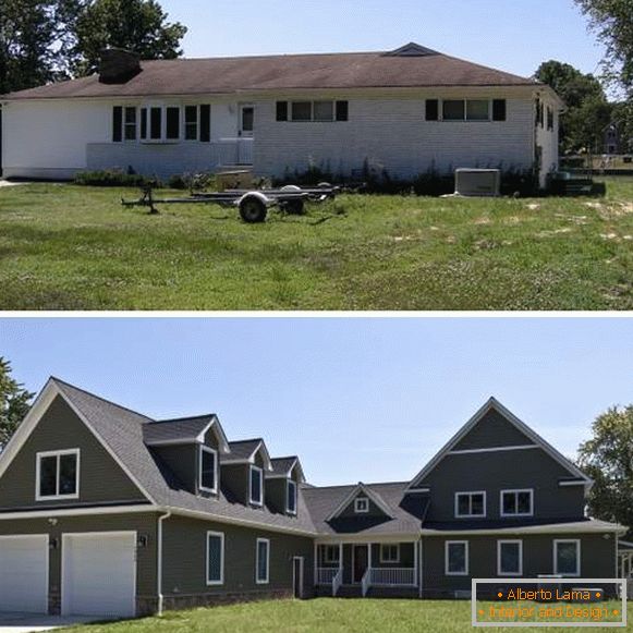 Superstruktura drugog kata u privatnoj kući - fotografija fasade prije i poslije