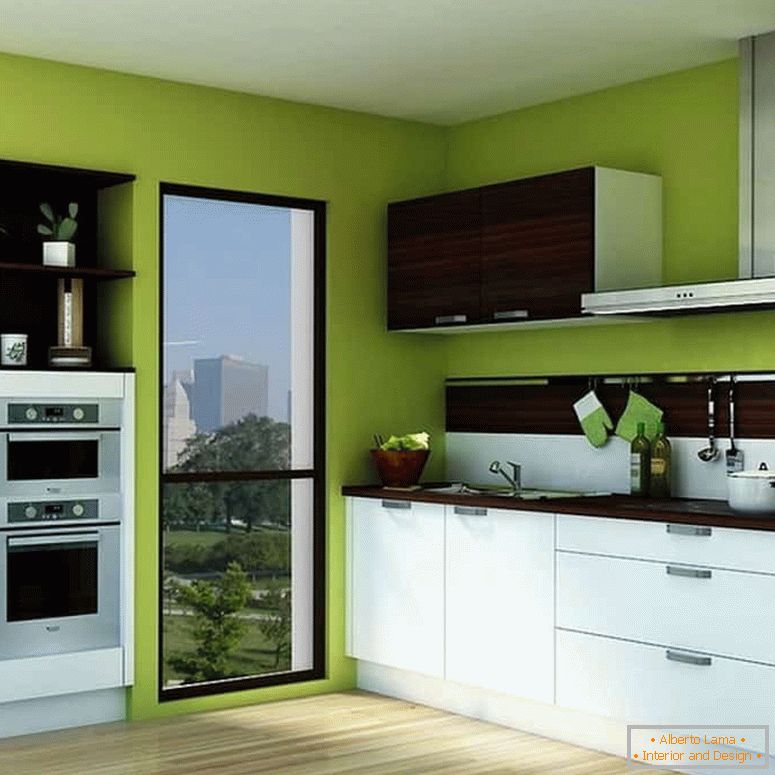 Svijetla zelena boja zidova i bijela kuhinja