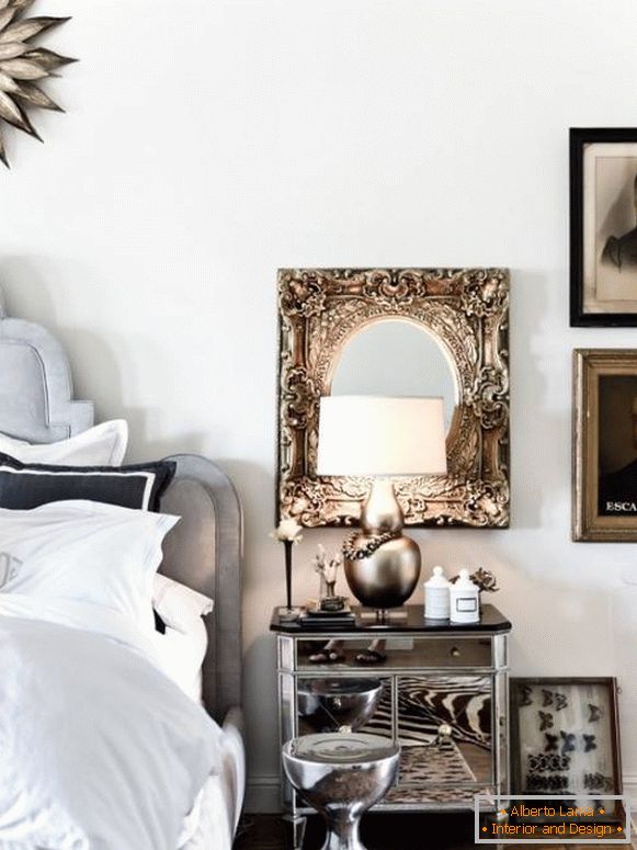 Glamurozna spavaća soba s namještajem i dekorom ogledala