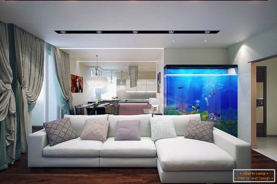 Prekrasna interijera dnevne sobe s akvarijem