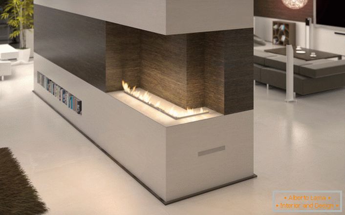 Dizajn biotornog kamina s plosnatim cijevom omogućuje dizajneru da ergonomski postavlja kamin u unutrašnjost dnevne sobe.