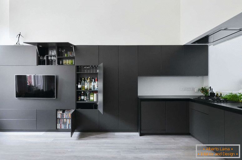 Kuhinjski kutak i medijska zona u crnoj boji