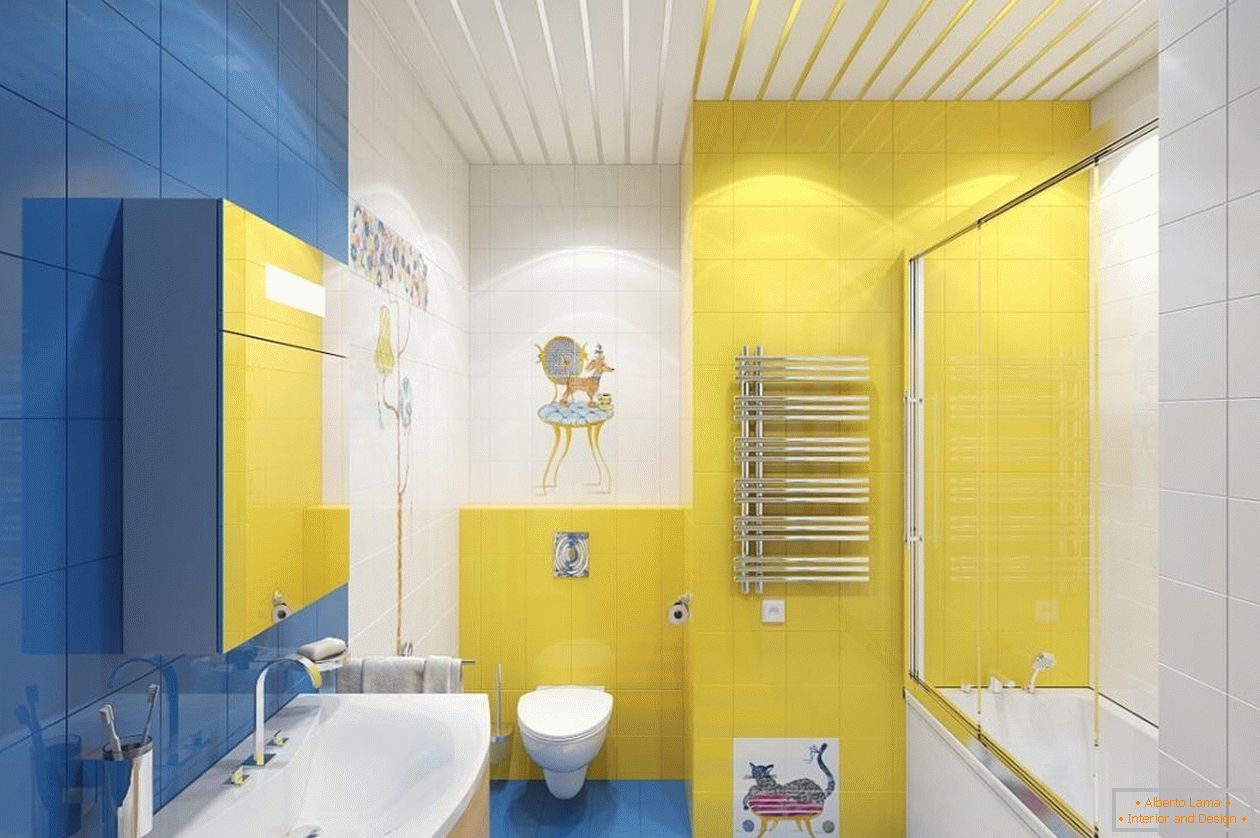Plava, žuta i bijela u unutrašnjosti kupaonice