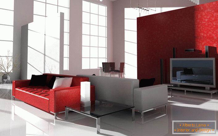 Suprotna crvena boja u high-tech stilu je zanimljiva i zahtjevna. Sjajna crvena kauč na kromiranim nogama idealna je za uređenje modernog interijera.