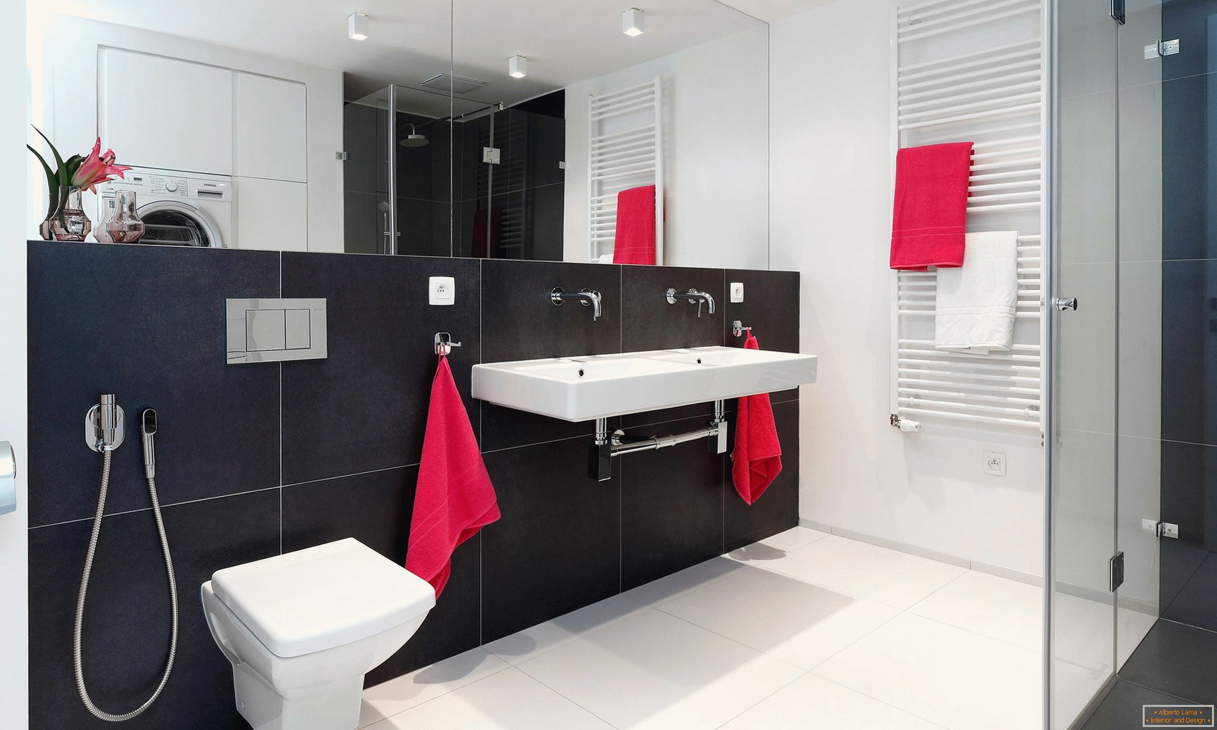 Crvena, bijela i crna u dizajnu kupaonice