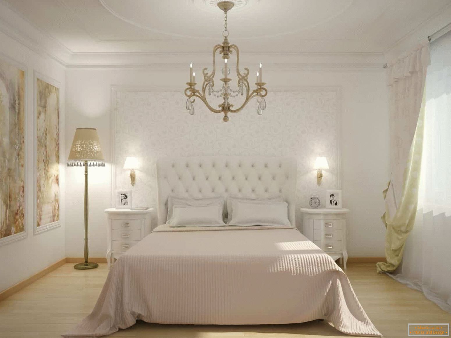 Klasična bijela spavaća soba s pločom na zidu