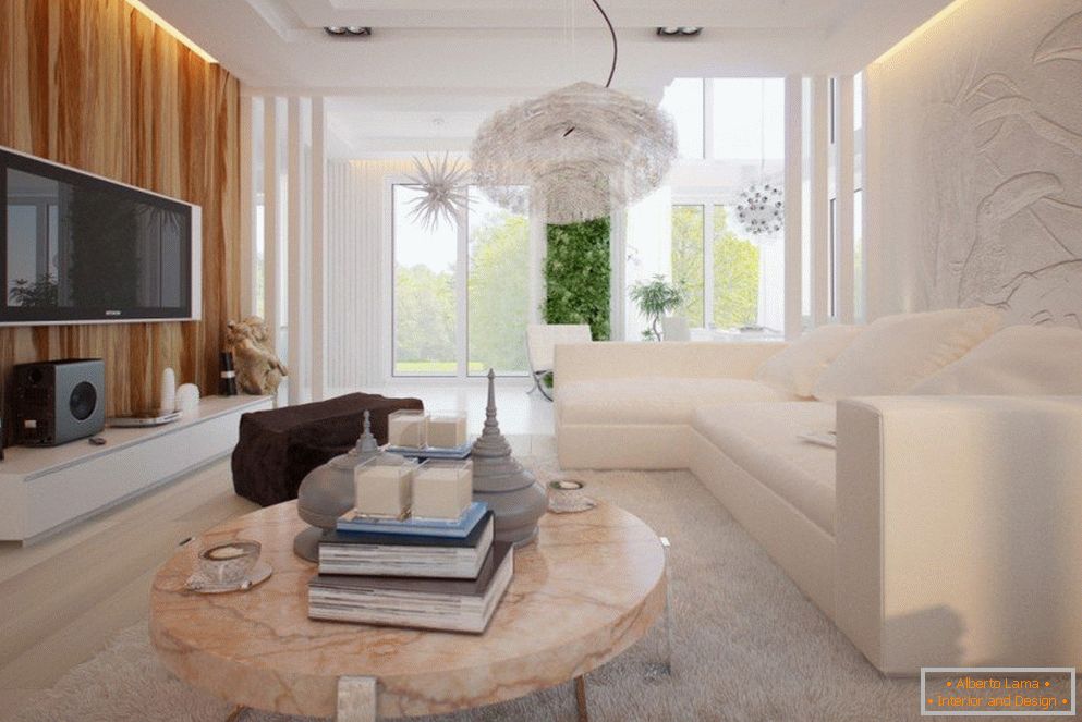 Svjetle boje u unutrašnjosti dnevne sobe u stilu minimalizma