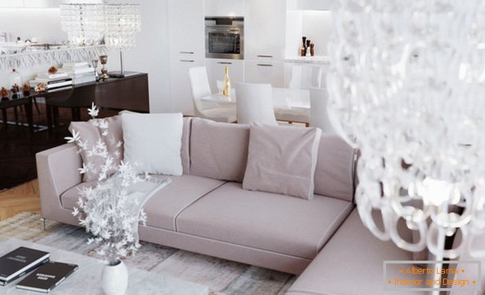 Luksuzan, glamurozan dizajn gostinjske sobe u stilu art deco s pravilno odabranom rasvjetom. Art deco stil