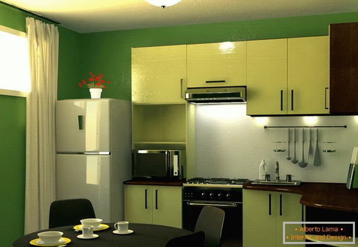 Zelena je boja mira i sklada. Kuhinja površine 9 m² u ovoj shemi boja - izvrsno rješenje za dizajn bilo kojeg stana u gradu.