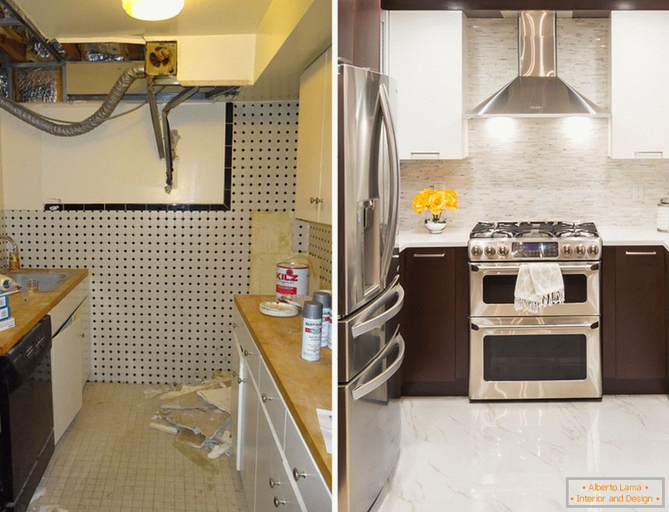 Unutarnje uređenje male kuhinje prije i poslije popravka