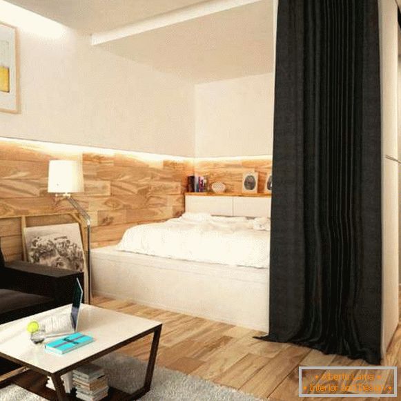 Dizajn interijera malog stana - odvajanje spavaće sobe s zavjesama