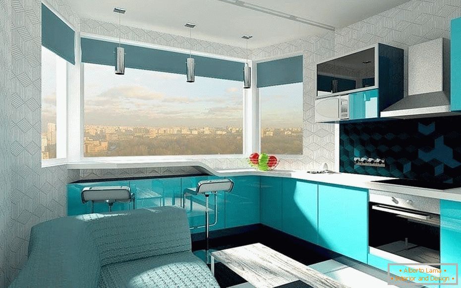 Dizajn dizajna kuhinje u boji zrna s prozorom zaljeva s šankom na prozoru