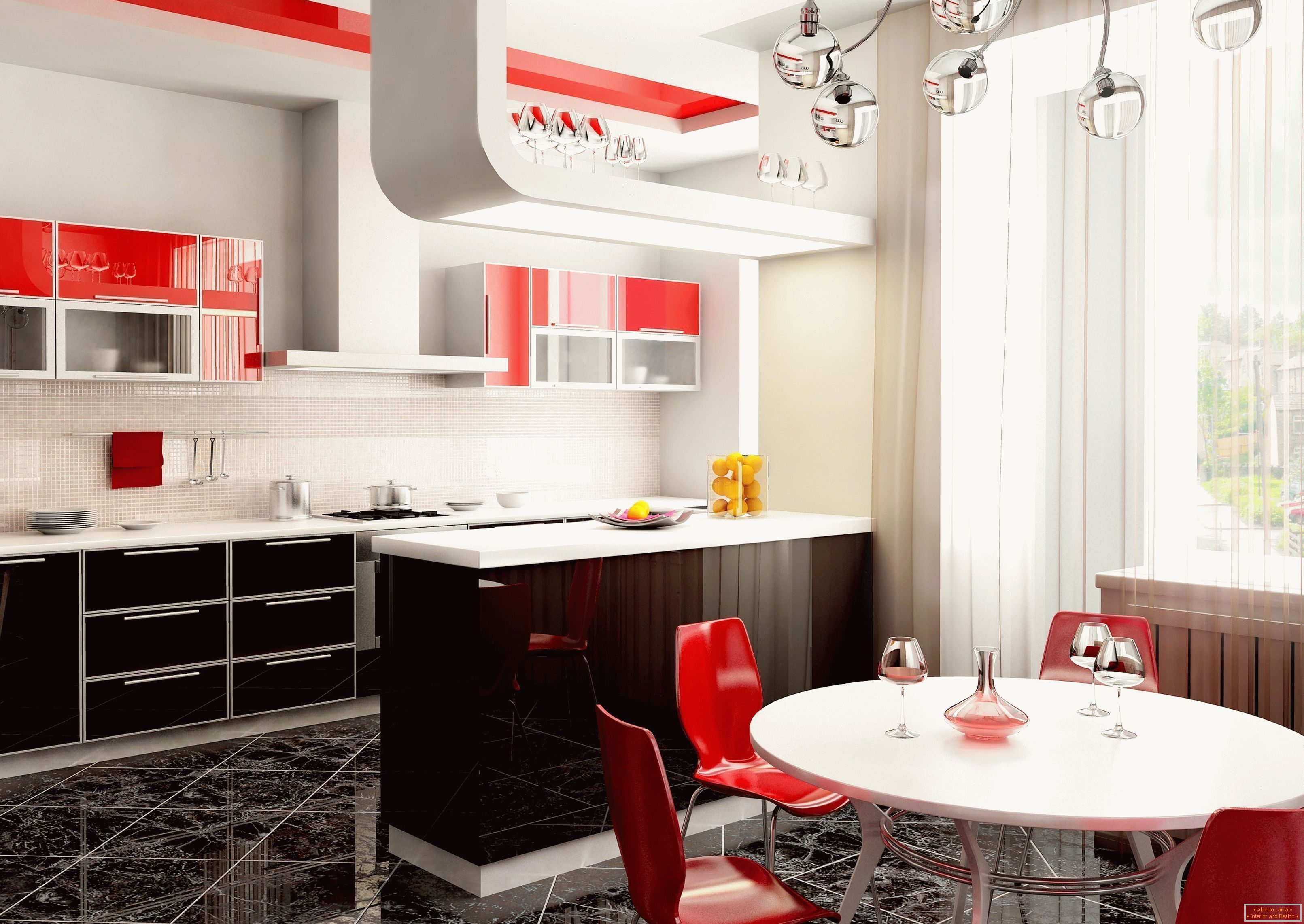 Svijetli interijer kuhinje u stanu s crvenim naglascima