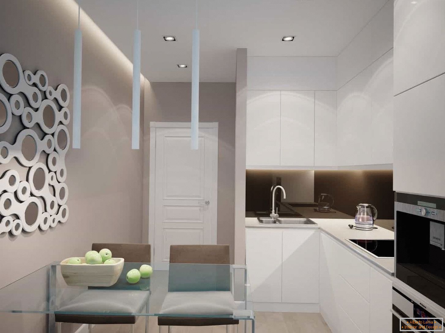 Kuhinja bijela u modernom stilu s ugrađenim aparatima