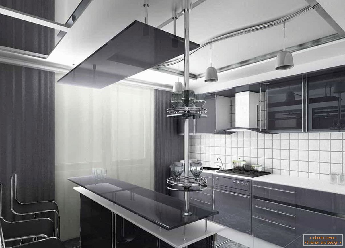 Tamne zavjese i tamna fasada kuhinje u kombinaciji s bijelom pregaču i stropom