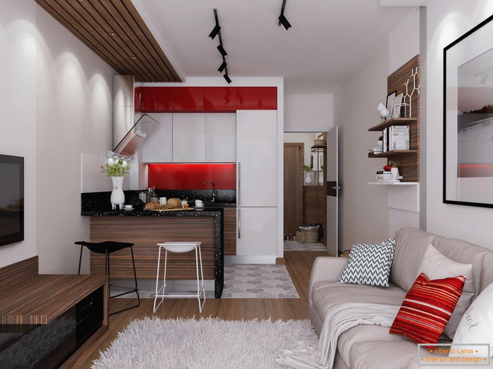 Dizajn apartmana 30 m2 m s crvenim naglascima