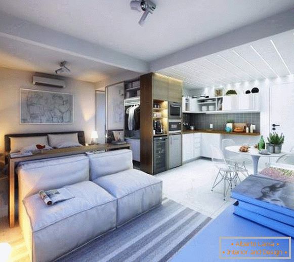 Ideje za dizajn studio apartmana 30 m2 - slika dnevnog boravka, spavaće sobe i kuhinje