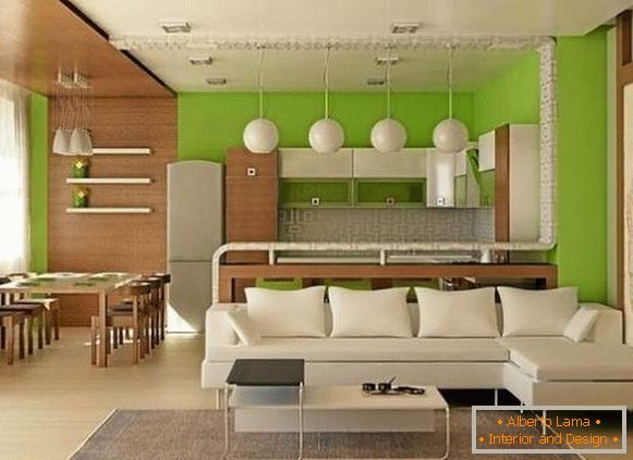 Dizajn projektnog stana od 25 m2 u bijelim, zelenim i smeđim tonovima
