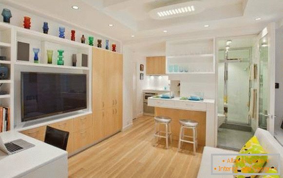 Dnevni boravak, kuhinja i kupaonica u dizajnu stana 40 m2