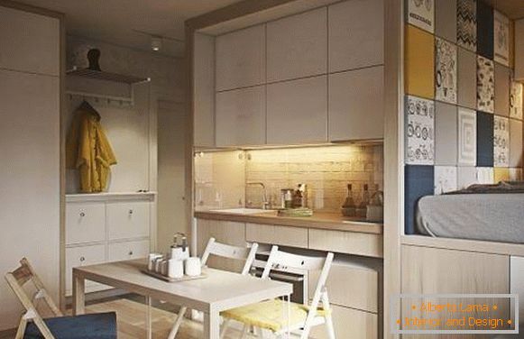 Moderan dizajn jednosobnog stana od 40 m2 - slika kuhinje i spavaće sobe