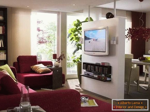 Dizajn jednosobnog apartmana - podijeljen u dvije zone s pregradom s TV-om