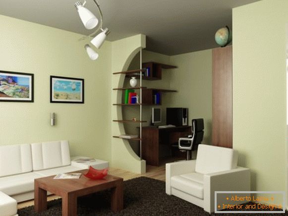 Dizajn jedan jednosobni apartman s radnim mjestom - podijeljen u dvije zone