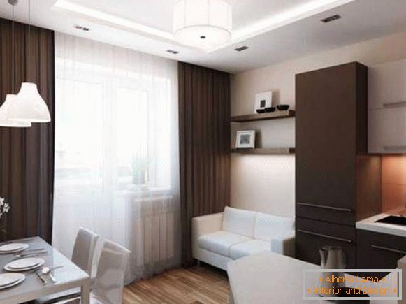 Dizajn malog jednosobnog apartmana: kuhinja u hodniku i odvojenu spavaću sobu