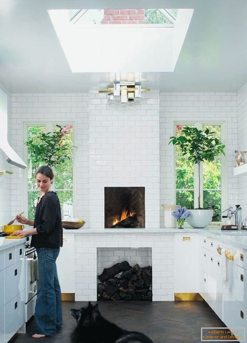 Ekstrudirana kuhinja u privatnoj kući sa štednjakom i prozorom u stropu