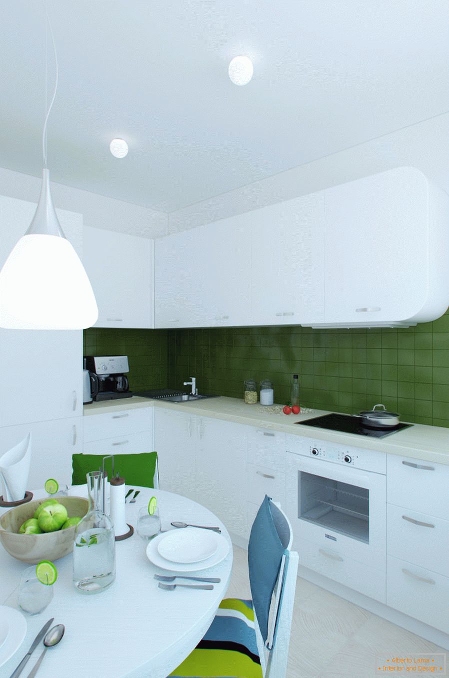 Interijer kuhinje u bijeloj i zelenoj boji