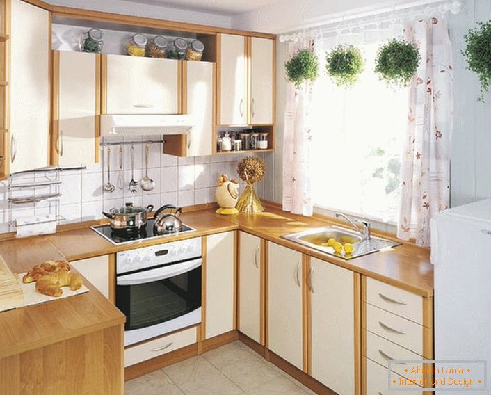 Skromna kuhinja na 12 kvadrata stambenog prostora. Kako biste uštedjeli prostor ispod radne površine, koristi se prozorski prolaz.