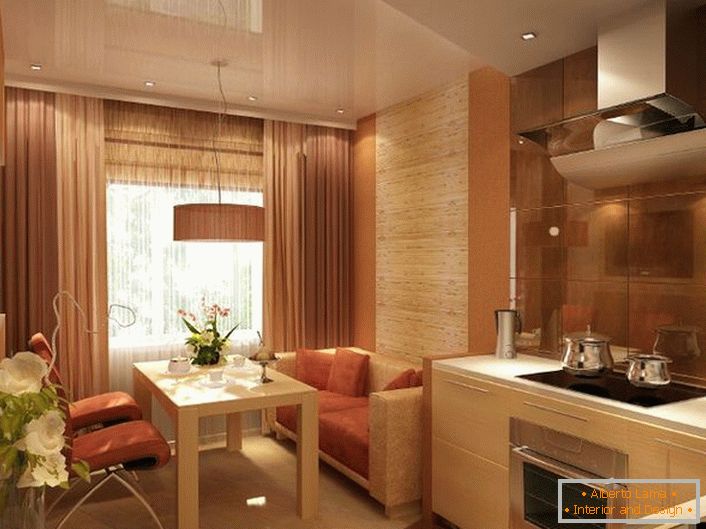Luksuzna kuhinja za mali apartman u secesijskom stilu. 12 kvadrata također mogu biti prostrani i lagani.