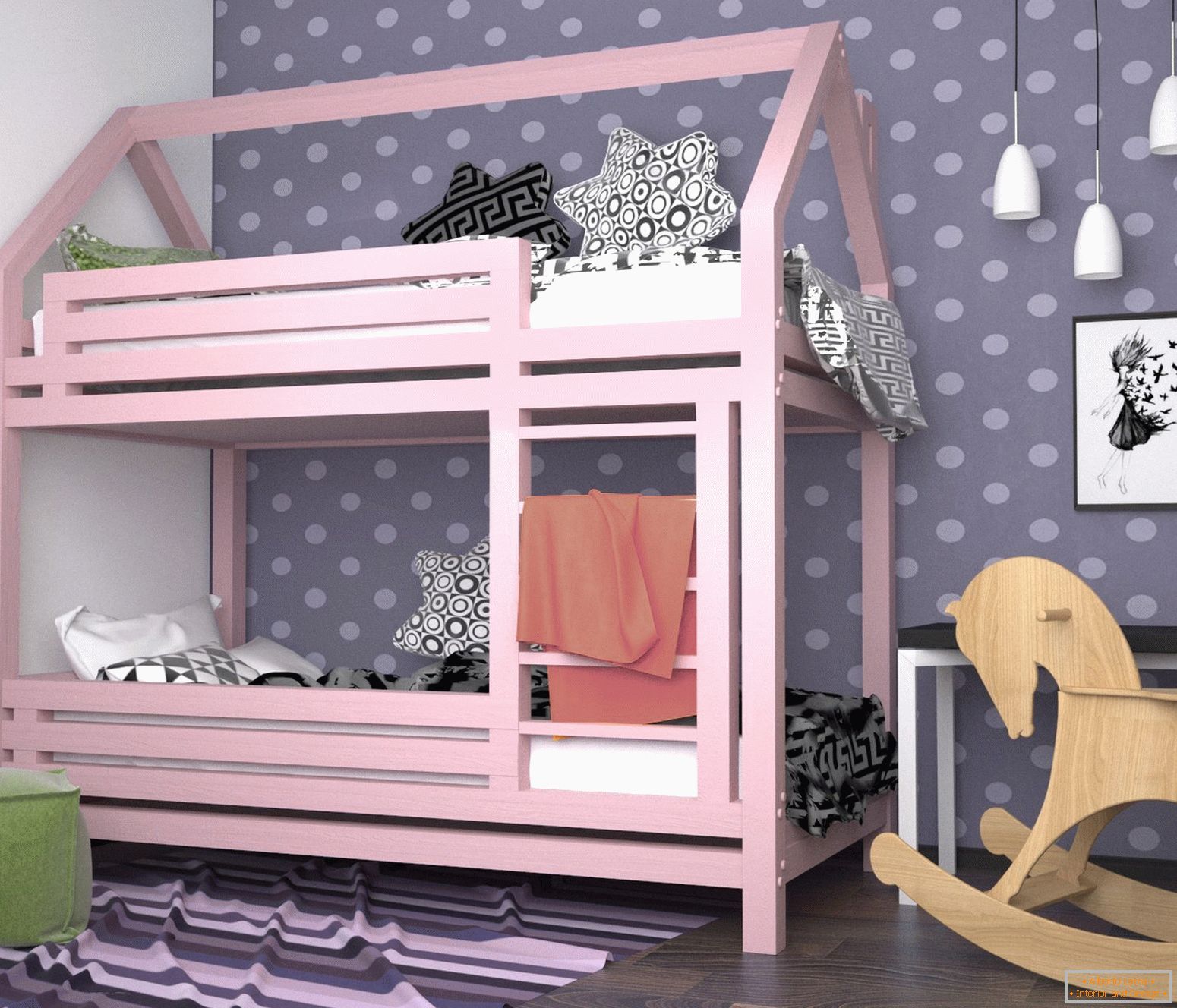 Pink krevet na kat u dječjem vrtiću za djevojku