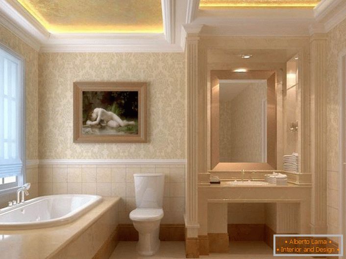 Stucco molding je skladan element unutrašnjosti u secesijskom stilu. Stropovi na dvije razine opremljeni su ispravnom rasvjetom. LED traka, izdavanje tople, žute svjetlosti, čini atmosferu u kupaonici romantično.