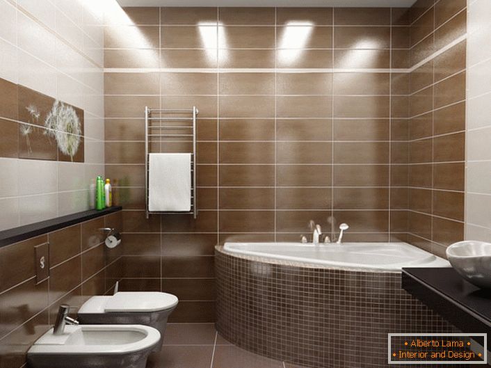 Za dekor kupaonice u modernom stilu, koristila se ploča s maslačnim tijelom. Jednostavan i nekompliciran interijer detalja u modernom stilu. 