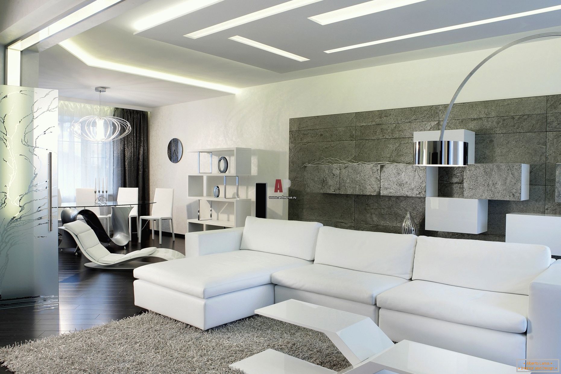 Bijela unutrašnjost gostiju sobe u minimalističkom stilu vrijedna je za suvremeni, podebljani dizajn s naglaskom na high-tech.