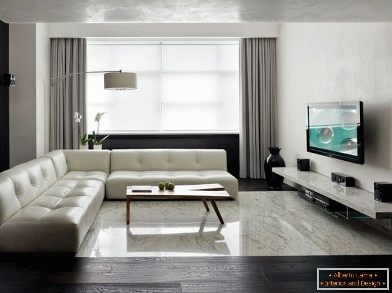 Jedna od najčešće korištenih boja za uređenje interijera u minimalističkim stilovima je siva. Širok raspon nijansi sive dopušta dizajneru da organizira svjetlosne naglaske, čineći prostor prostranijom. 