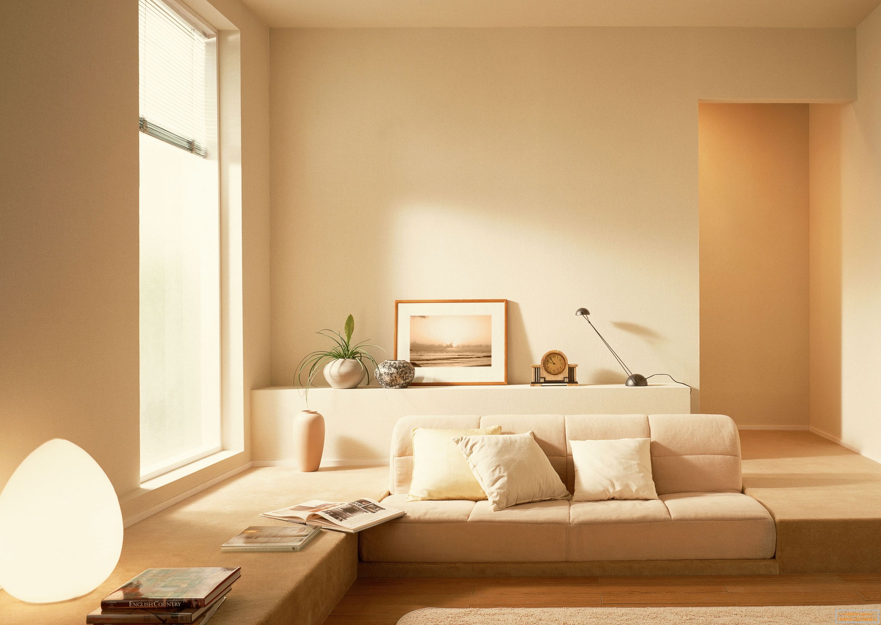 U skladu s stilom minimalizma, mirna bež sjena služila je za organiziranje interijera dnevne sobe.